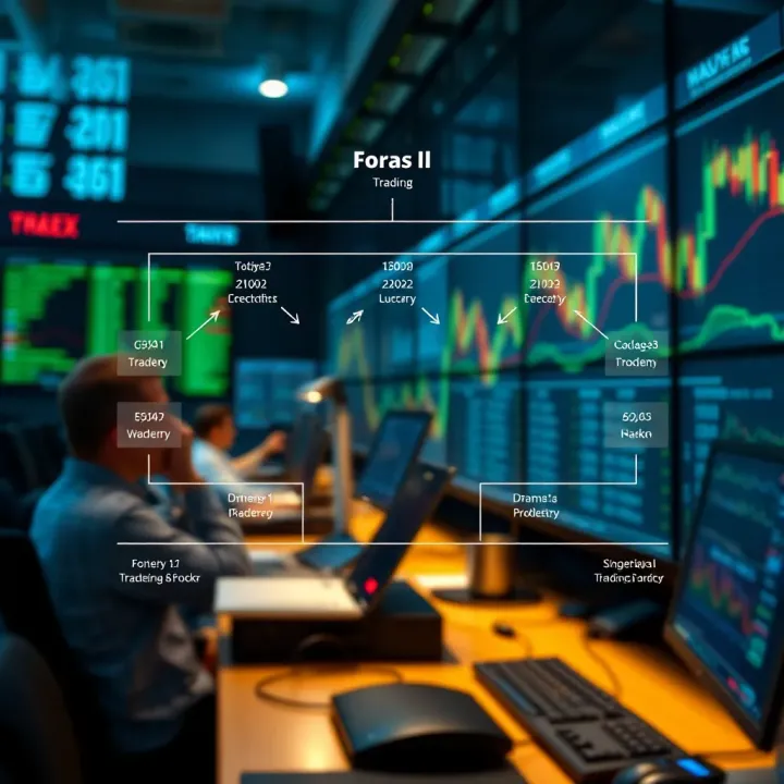 Diagram illustrating the operation of proprietary trading desks in the Forex market with flow of currencies and trades