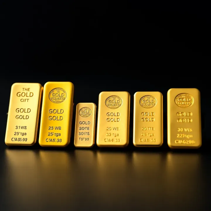 Comparison of various gold bar sizes arranged to highlight their weight differences and international standards