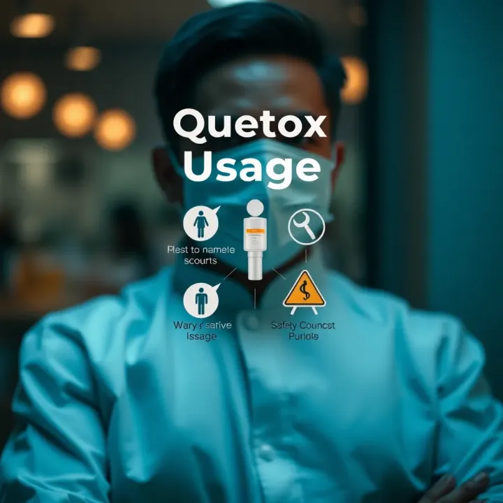 Graphic depicting correct usage guidelines and safety tips for Quetox
