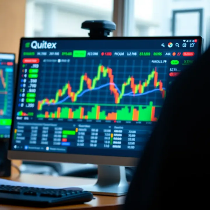 User interface showing Quotex trading platform on a computer screen with charts and options