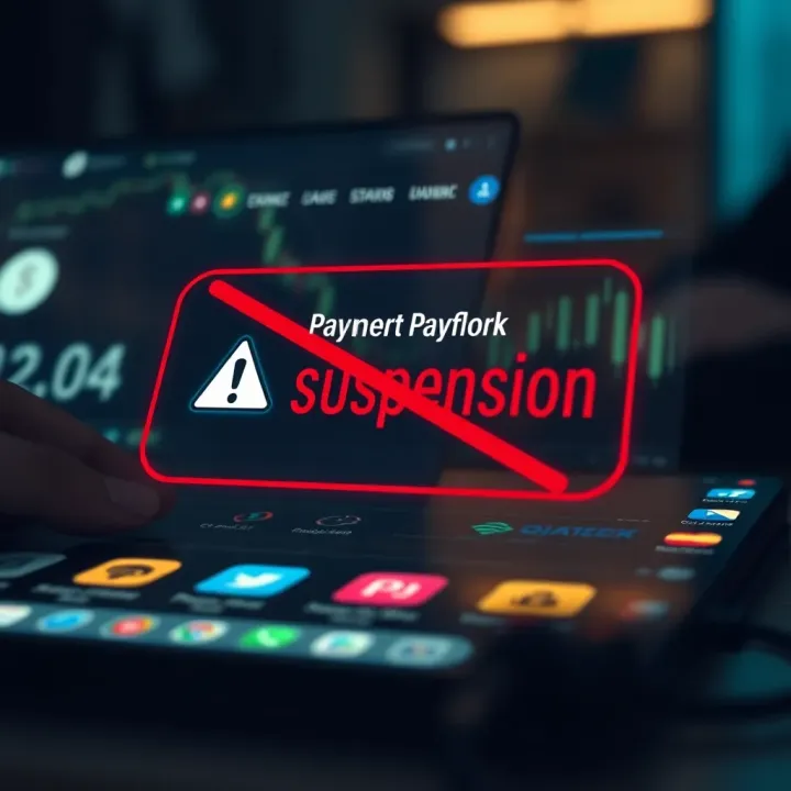 Graphic illustrating halted digital payments on a financial platform with warning symbols