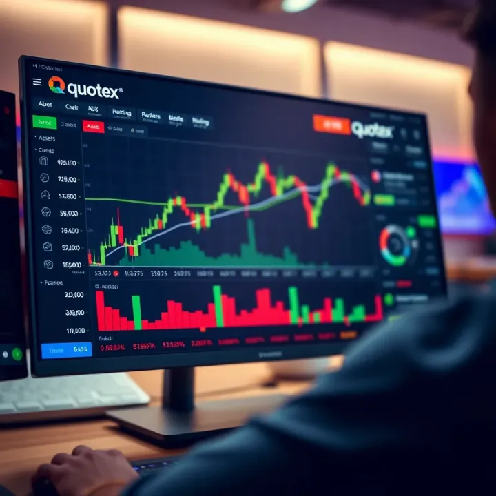 Interface of Quotex platform displaying binary options trading charts and available assets