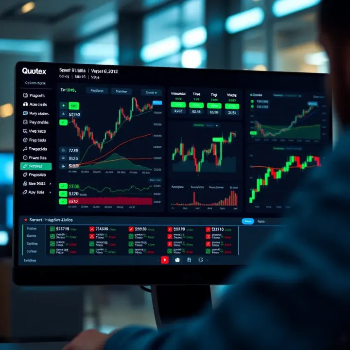 Interface of the Quotex trading platform displaying various financial charts and trading options