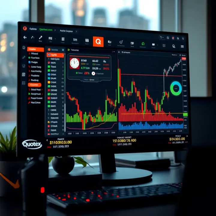User interface showcasing Quotex trading platform with various analytical tools and charts