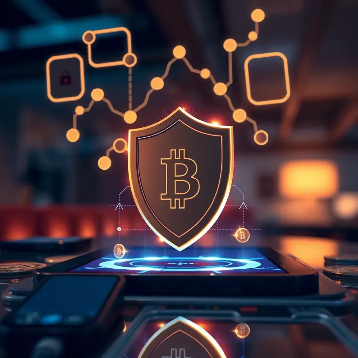 Digital representation of secure investment with shield and cryptocurrency icons