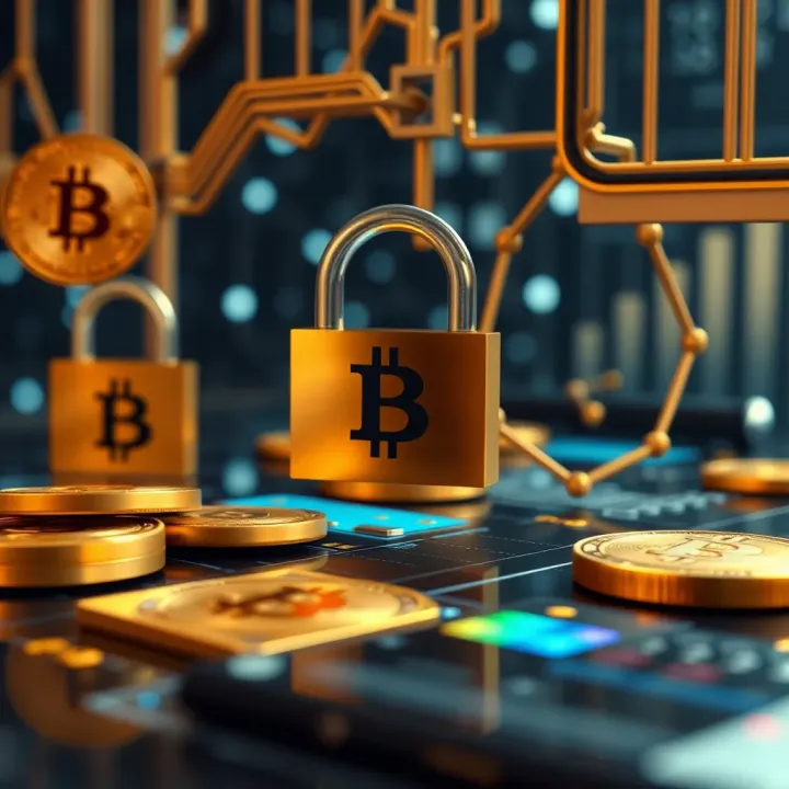 Conceptual illustration of secure cryptocurrency investment with digital locks and Bitcoin symbols