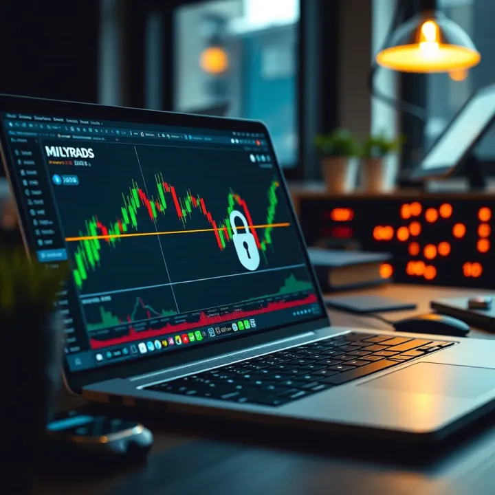 Secure online trading setup with a laptop showing candlestick charts and security icons