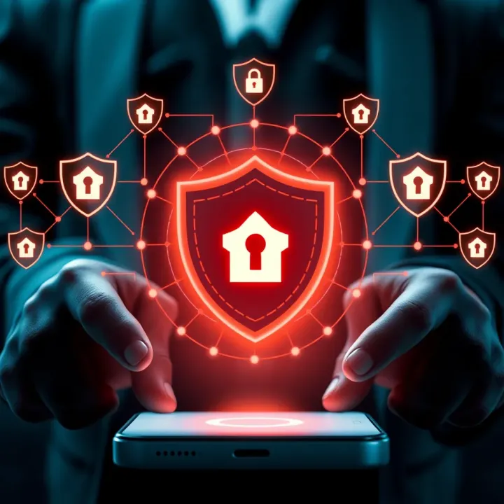Conceptual illustration of secure mobile trading with shield icons and digital connection