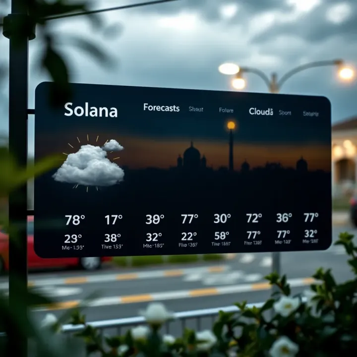 Weather forecast display showing temperature and cloudy skies for Solana