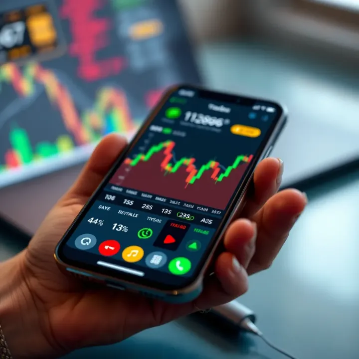 Mobile device showing a trading app interface with charts and market data