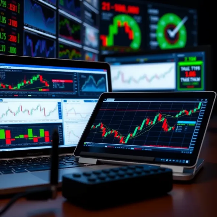 Various trading tools and software interfaces displayed on a laptop and tablet