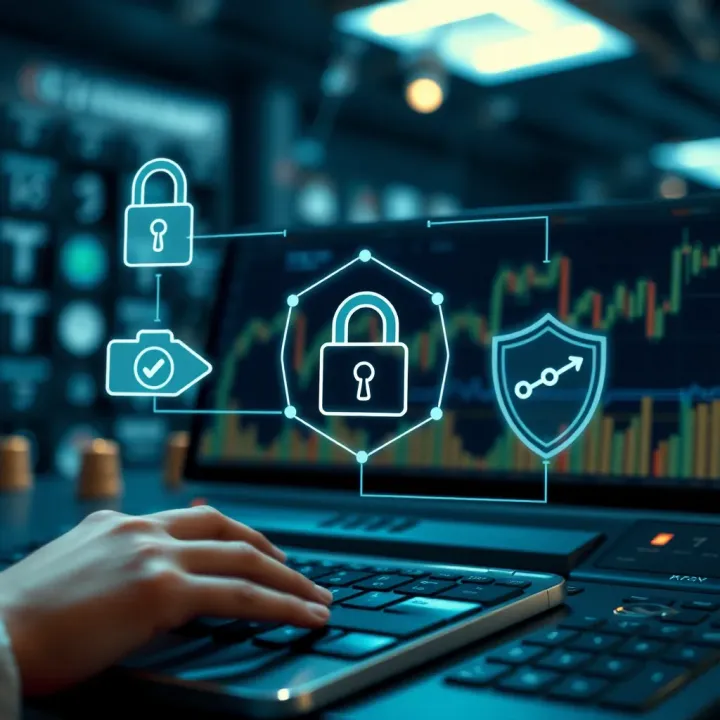 Conceptual representation of online trading risks and safety measures with secure icons
