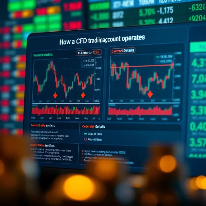 How a CFD Trading Account Operates Diagram illustrating the functioning of a CFD trading account with market charts and contract details