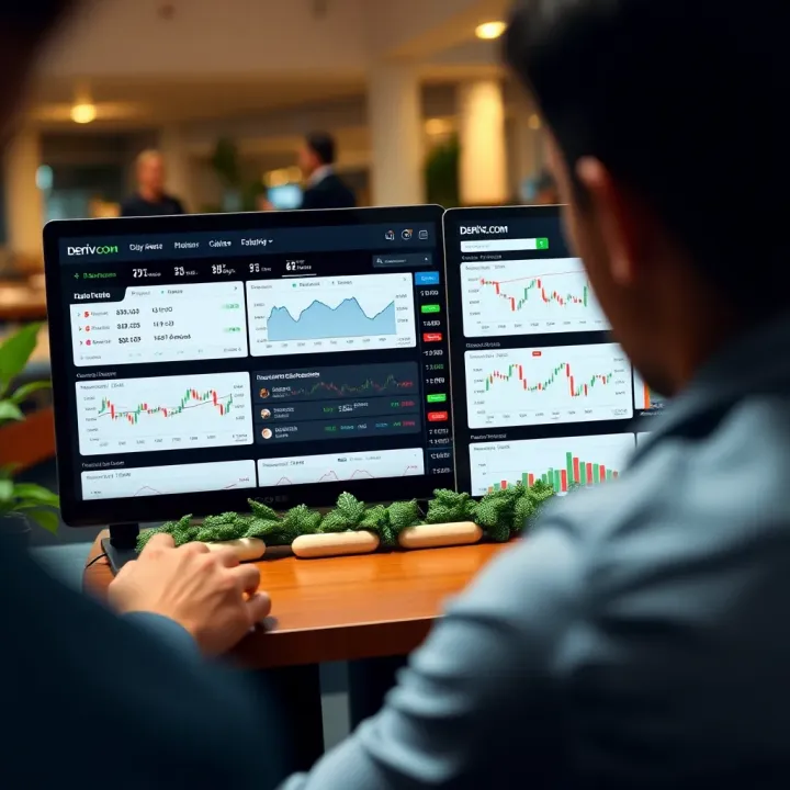 Interface of Deriv.com trading platform showing various asset options and charts