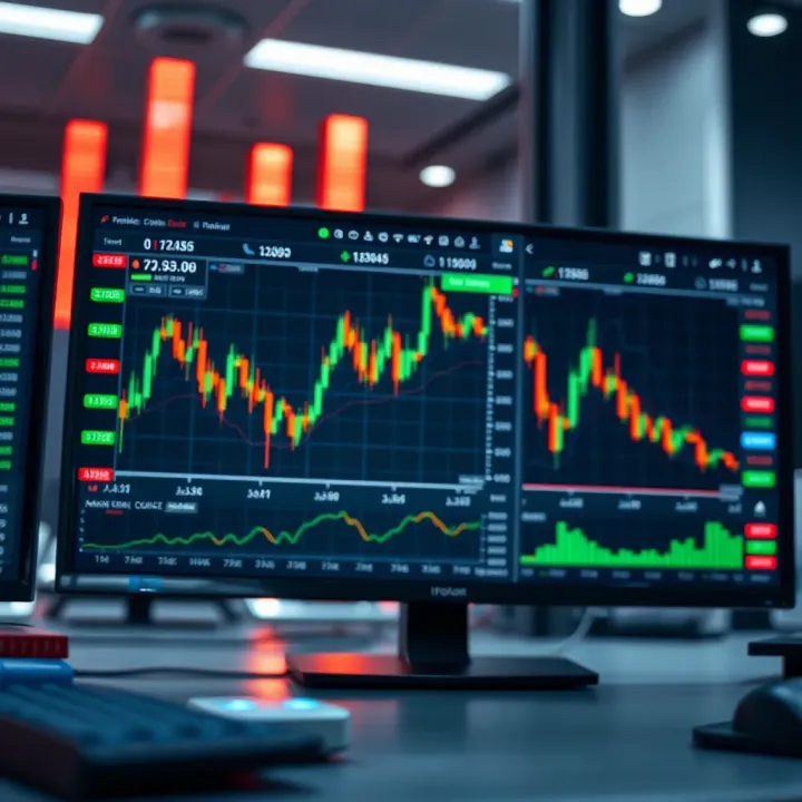 Overview of a digital trading platform interface with financial charts and options menus