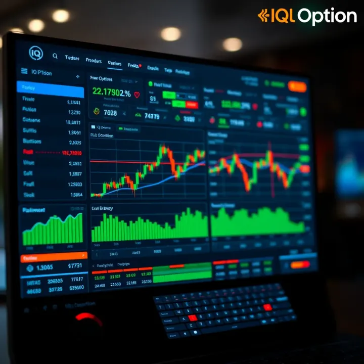 Dashboard of IQ Option trading platform showing various financial assets and graphs