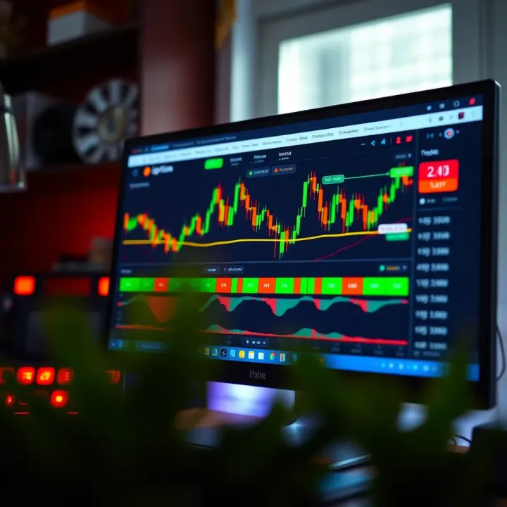 Computer screen displaying the IQ Option trading interface with charts and trading tools